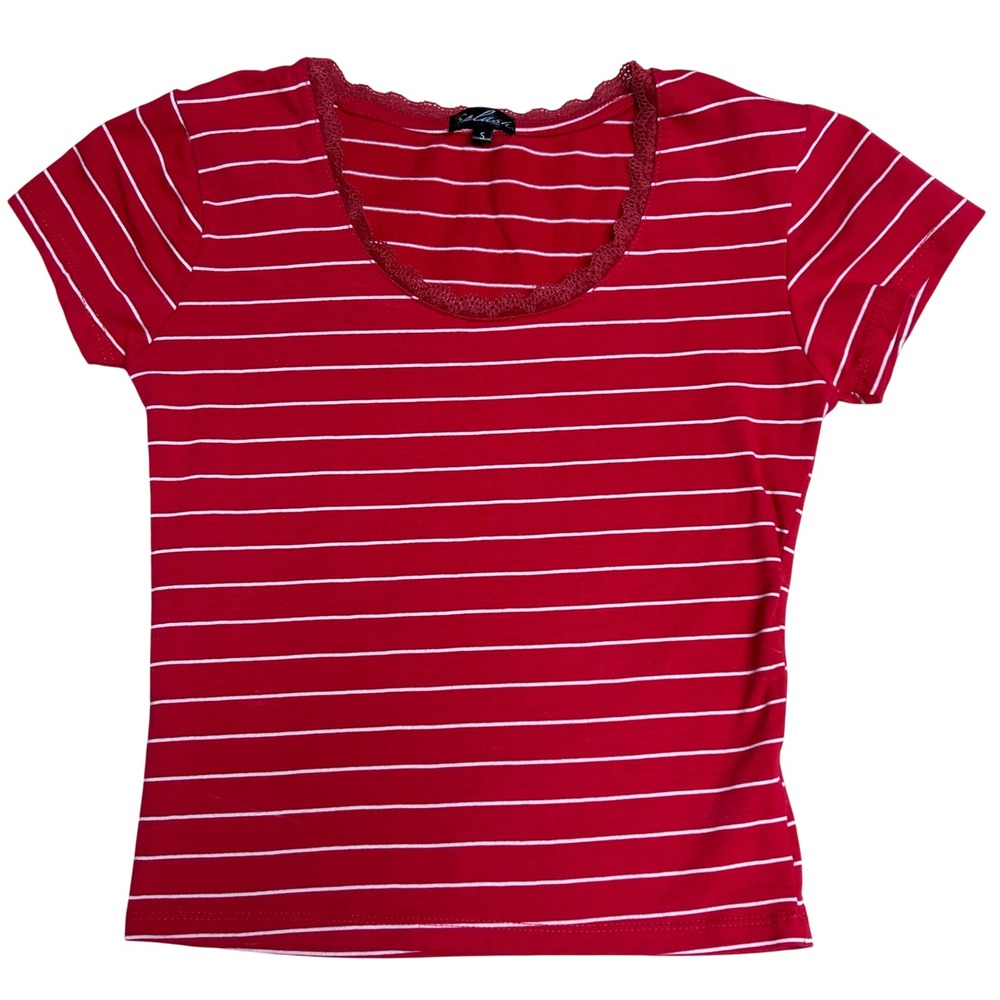 Splash Womens Small Red White Striped Lace Trim Scoop Neck Short Sleeve T-Shirt